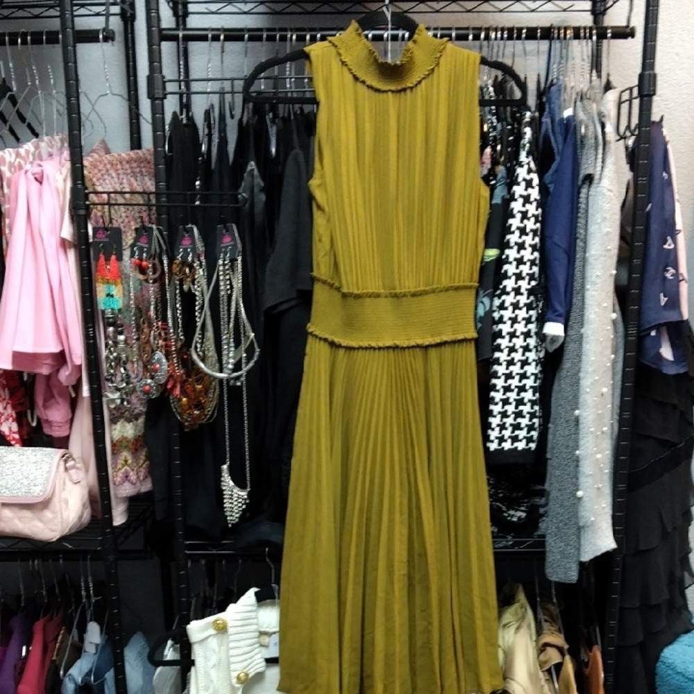 Nanette Lepore Mustard Pleated Midi Dress